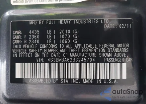 2011 Subaru Legacy 2.5I z USA, uszkodzony, nr VIN 4S3BMBA62B3245704